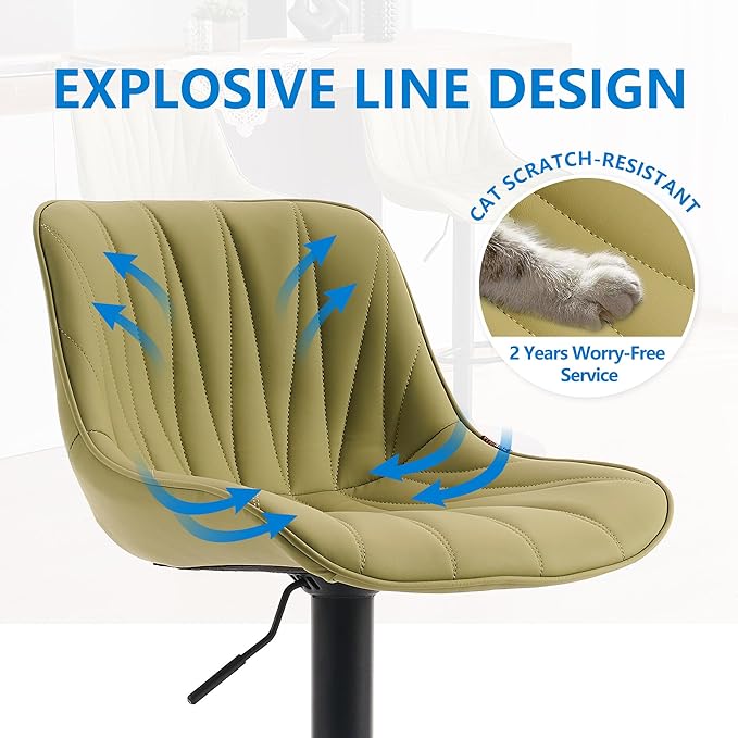 YOUNIKE Bar Stools Set of 2 for Kitchen Island, Grass Green Faux Leather Padded Counter Height Stools, Adjustable Swivel Barstools with Back, Modern Tall Stools with 300LBS Support