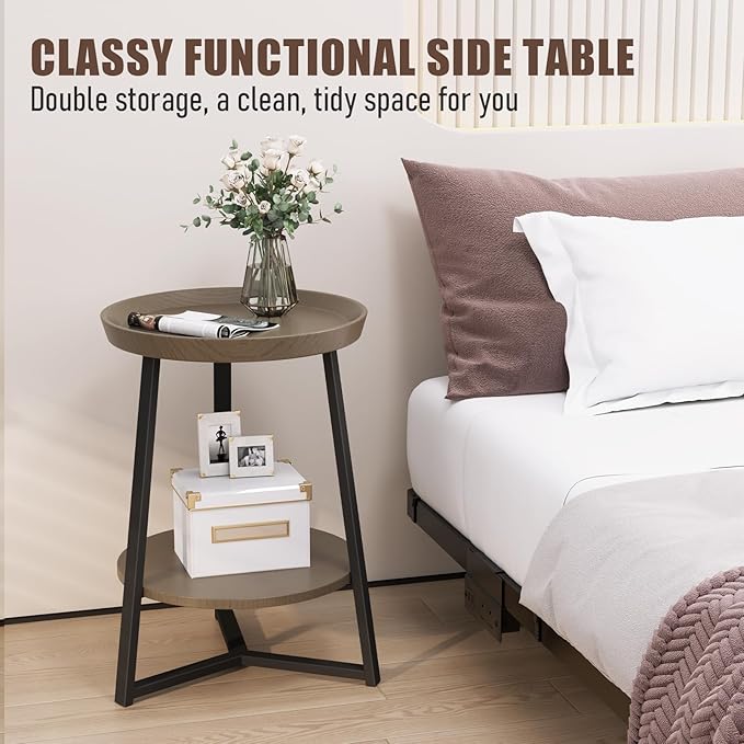 Gadroad Round End Table with Storage Shelf, 2 Tier Farmhouse Side Table Nightstand for Living Room, Bedroom, Wood Tabletop & Black Metal Frame, Walnut Color 15.7 * 15.7 * 23.0inches