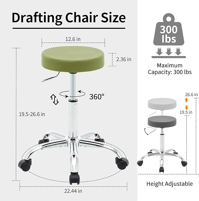 Office Drafting Chair, Adjustable Drafting Stool on Wheels 19.5"-26.6", Green Salon Rolling Chair (Green)