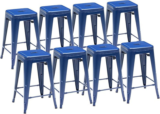Sweetcrispy 24 Inches Metal Bar Stools Set of 8, Backless Counter Height Bar Stools for Kitchen, Outdoor Stackable Stools – No Assembly Required & Scratch-Resistant, Blue