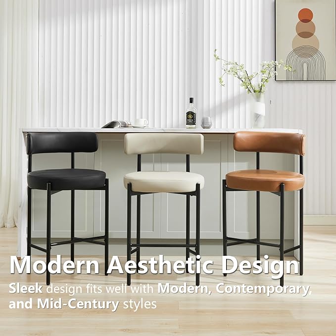 28'' Faux Leather Bar Stools Set of 2, Bar Height Stools for Kitchen Island, Black Barstools with Backs, Upholstered Counter Chairs (Vegan Leather, Black)