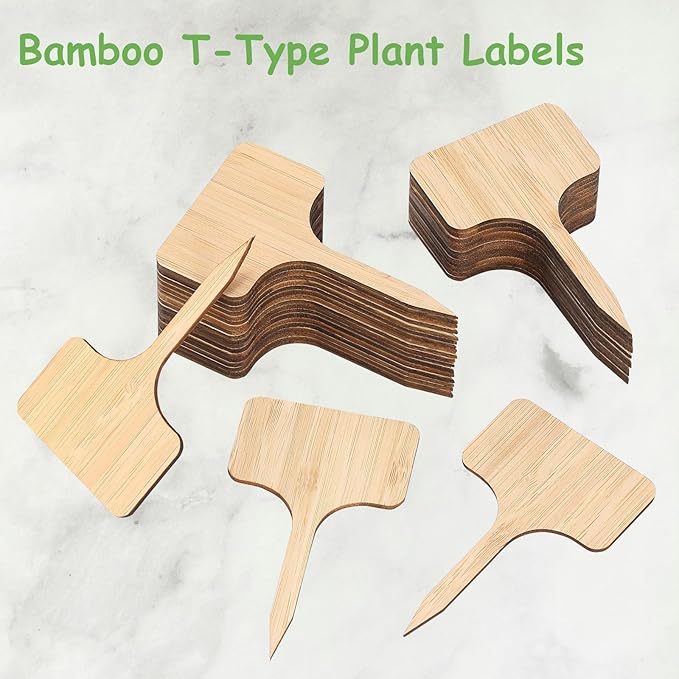 70Pcs Bamboo Plant Labels with 1 Marker Pen, T-Type Natural Seedling Nursery Sign Tags, Wood Garden Markers Decorative Patio Tags for Outdoor Indoor Potted Plants Herbs Flowers Vegetables
