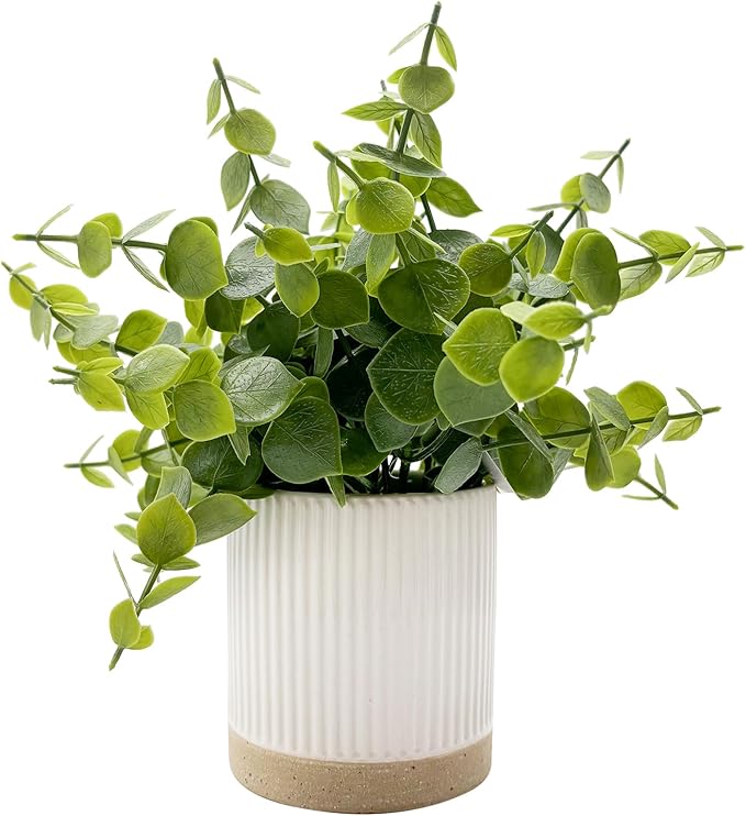 Small Fake Plants Eucalyptus Fake Potted Plants Artificial Eucalyptus Faux Greenery in Ceramic Pot for Bathroom Table Office Home Decor(Green)
