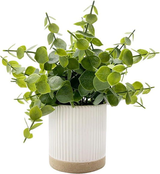 Small Fake Plants Eucalyptus Fake Potted Plants Artificial Eucalyptus Faux Greenery in Ceramic Pot for Bathroom Table Office Home Decor(Green)