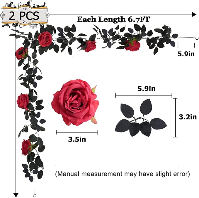 Felice Arts 2 Pack Artificial Burgundy Flower Head Garland Each 6.7FT Fake Rose Vine Hanging Rose Garland for Thanksgiving Day Door Stairs Table Centerpiece Arrangement Wall Decor