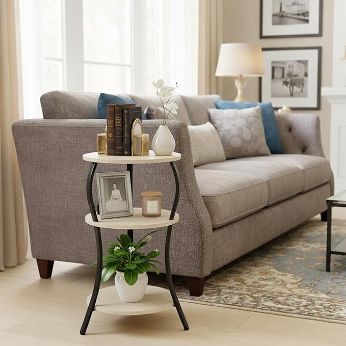 Vintage Small Round Side Table, 3-Tier Slim Waist Circular End Table with Storage Shelf, Compact Tea Sofa Side Table, Round Corner Coffee Table Nightstand for Living Room Bedroom Small Spaces,Oak