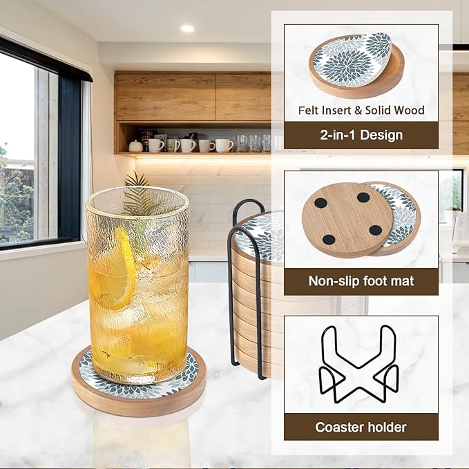 Wood Coasters Set of 8 with Holder, Cewiru Cup Mat for Drinks, Absorbent Coasters with Felt Insert for Coffee Table Protection, Modern Style Home Dining Table Decor, 4.3" Gray