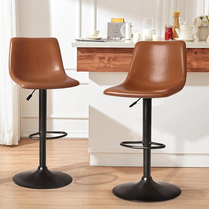 LEMBERI Bar Stools Set of 2 Modern Swivel Barstools Counter Height with Backrest, Faux Leather Upholstered Bar Chairs for Kitchen Island, Brown