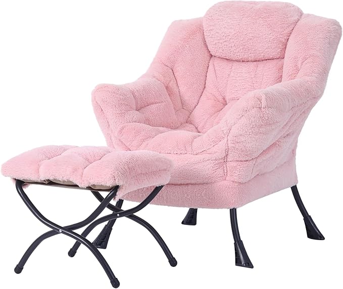 Welnow Lazy Chair with Ottoman, Modern Lounge Accent Chair with Armrests and a Side Pocket, Leisure Sofa Armchair Set, Reading Armchair with Footrest for Small Space, Plush Pink