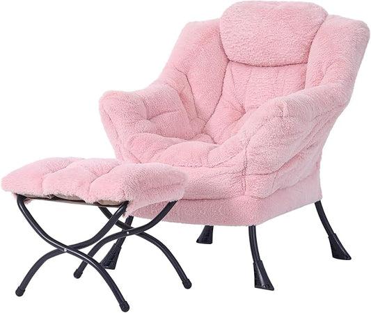 Welnow Lazy Chair with Ottoman, Modern Lounge Accent Chair with Armrests and a Side Pocket, Leisure Sofa Armchair Set, Reading Armchair with Footrest for Small Space, Plush Pink