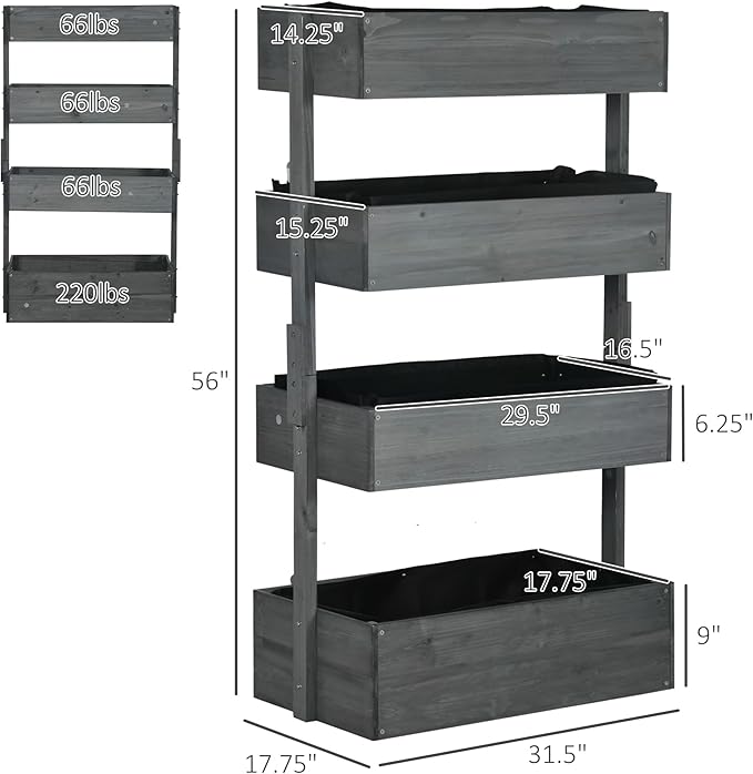 Vertical Garden Planter, Wooden 4 Tier Planter Box, Self-Draining with Non-Woven Fabric for Outdoor Flowers, Vegetables and Herbs, Gray