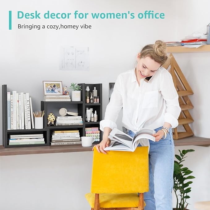 Desk Shelves Desktop Orgnizer Shlef - Black Office Organization for Top of Desk Organizers and Accessories Corner Bookshelf Table Top Shelving Small Hutch Decorations for Office