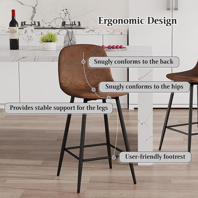 Counter Height Bar stools Set of 4, 24.6" Brown Kitchen Bar Stools with Back & Metal Footrest, Modern Island Chairs Set of 4 for Kitchens Island Home Bar