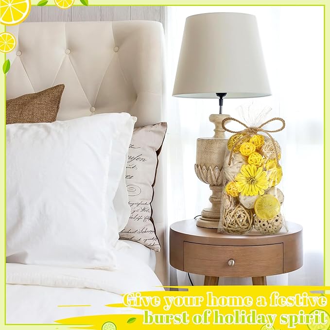 Riceshoot 2 Pack Decorative Balls Potpourri Bowl Filler Decor Natural Vase Bowl Filler Assorted Spherical Rattan Twigs Wicker Balls Cotton for Home Centerpiece(Lemon Yellow)