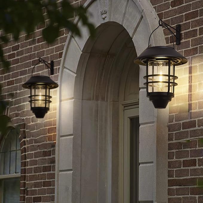 2 Pack Solar Lights Outdoor Lanterns,Waterproof Hanging Solar Lights Lantern Glass Metal with Wall Mount Kit, Garden Lanterns Solar Powered for Outdoor, Fence, Front Porch Exterior Lighting