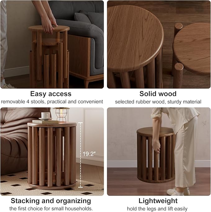 Stackable Stools Set of 4, Wooden Stools 18 Inch Stool Nesting Side Tables Nesting Coffee Table Sturdy and Durable, No Installation Required,Top Stackable Round Stool for Saving space(Walnut Barstool)