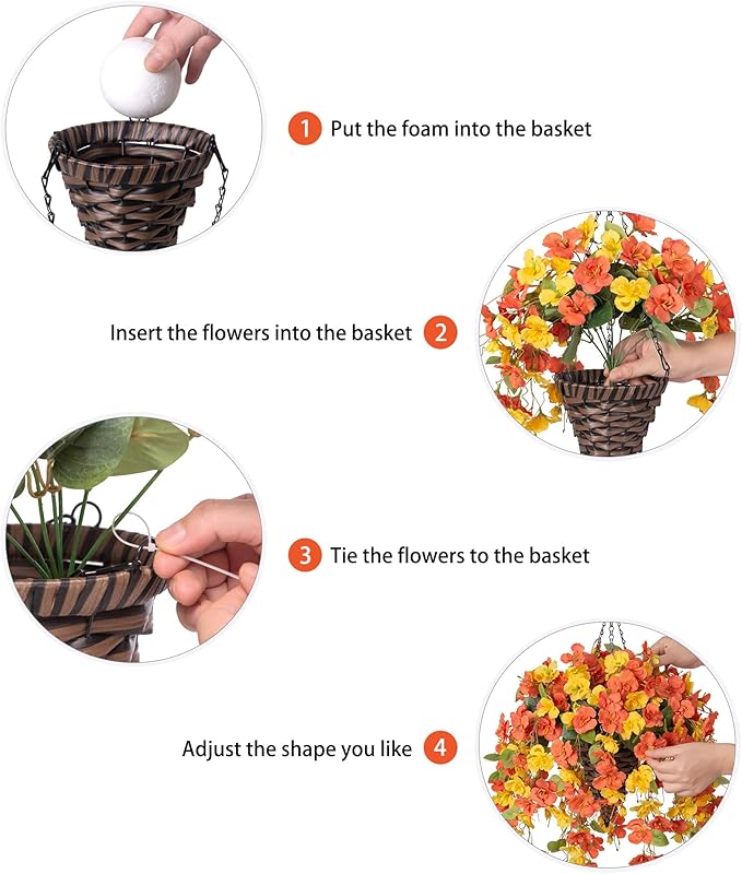 Artificial Fake Fall Hanging Flowers Plants Baskets for Outdoor Decoration, 5Pcs Faux Silk Hibiscus Long Vines in Planter Look Real for Outside Home Porch Patio Garden (YellowOrange)