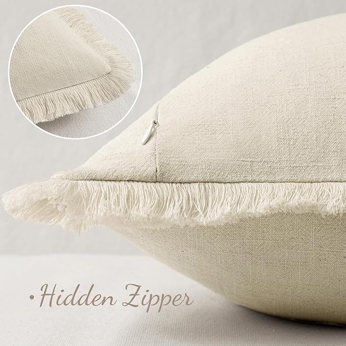 MIULEE Linen Pillow Covers 18x18 Inch Natural Beige Decorative Throw Pillows with Fringe Pack of 4 Soft Farmhouse Boho Couch Pillows Home Decors for Sofa Cushion Living Room Bed