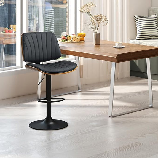 ECOTOUGE Swivel Bar Stools Set of 1, Adjustable Bentwood Barstools, Modern Bar Height Chairs with Back and Footrest for Bar, Kitchen Island, Counter, Dining Room(Black)