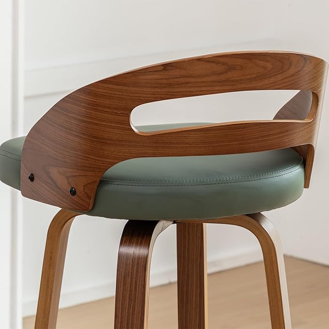 Counter Stools Set of 2, Counter Height Bar Stools with Walnut Crafts, Bentwood Curved Back, Upholstered Faux Leather, Soft Cushion Seat, Swivel Counter Chairs for Island/Pub (Green, 26" Seat Height)