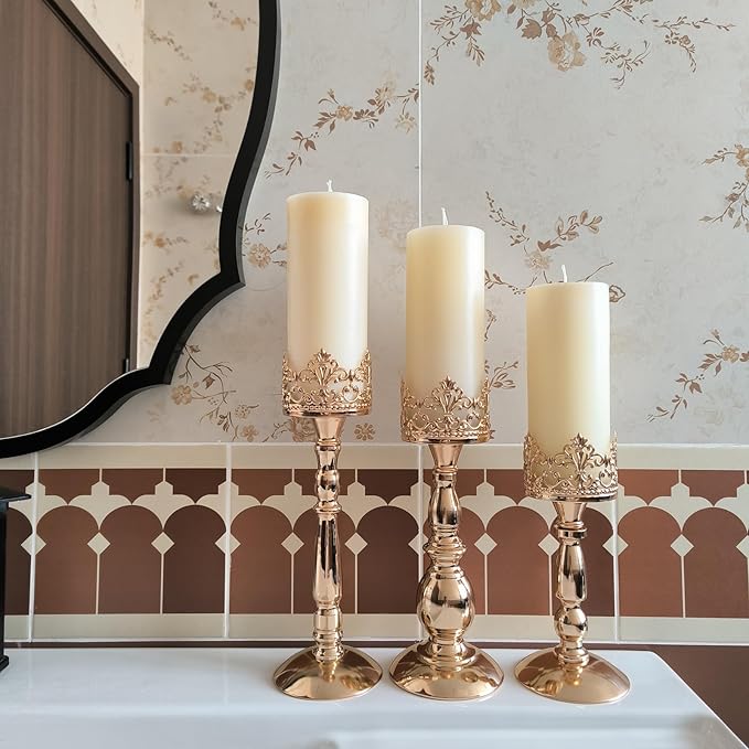 Candle Holders for Pillar Candles Set of 3 Gold Vintage Tall Candle Holders Decorative Large Table Centerpieces Candle Stand Decor