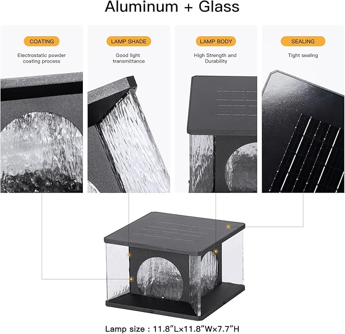 Solar Post Light Outdoor, 11.8" Modern LED Column Lamp IP54 Waterproof Pillar Lights 3000K Patio Entrance Landscape Lighting Fence Deck Cap Lantern for Garden Yard Driveway Pathway Decor