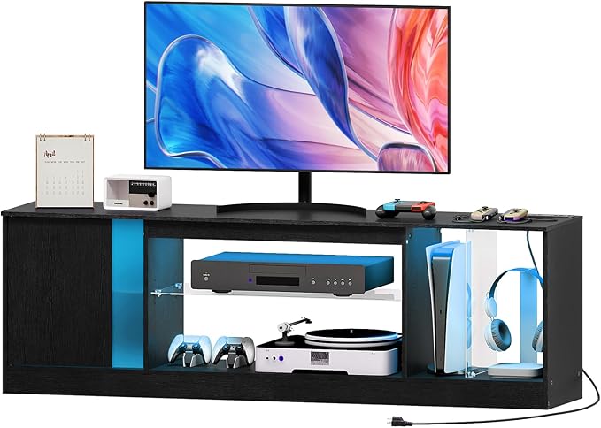 TV Stand with Power Outlets to 63 65 70inch TV, Modern Entertainment Center with Multi-Color LED Light, Media TV Console with Adjustable Glass Shelves for Living Room, Bedroom, Black MDS03UDBB