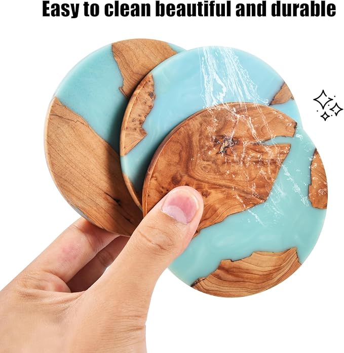 Drink Coaster Set, Wooden Absorbent Coasters, Epoxy Resin Coaster for Coffee Table, Tabletop Protection Decor, Modern Coasters Set of 8 with Holder