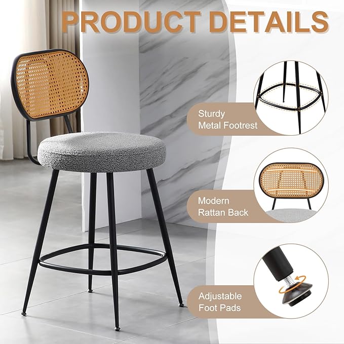 26" Rattan Barstools Set of 2, Counter Height Bar Chair with Black Metal Legs, Modern Armless Sherpa Pub Chair, Adjustable Feetpads Stools for Home Counter, Kitchen Dining Island, Cafe(Grey)