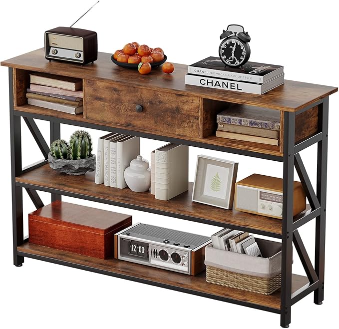 Mexin Console Table with Drawer Shelves, Entryway Table with 3 Tier Storage Shelves, Industrial Wood Hallway Sofa Table for Living Room, Couch, Foyer, Kitchen Counter, 47 Inch Rustic Brown