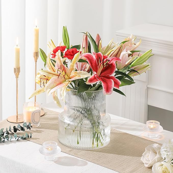 Ribbed Glass Vase, Large Glass Vase for Flowers, Fluted Glass Vases, Clear Glass Vases for Living Room, Office, Dining Table, Entryway, Mantle, Shelf, Wedding, 9 Inches