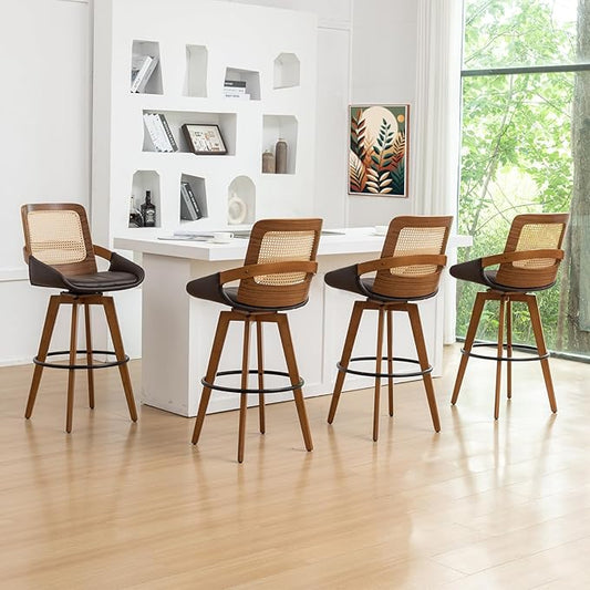 Bar Height Bar Stools Set of 4 - 29.5 inch Mid Century Modern Bar Stools with Cane Back, Curved Arms, Faux Leather Upholstered Seat, Rattan BarStools for Island/Pub/Kitchen (30" Seat Height, Brown)