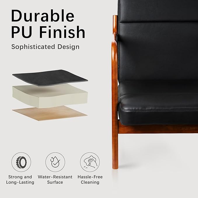 VECELO Mid-Century Modern Accent Chair with Faux Leather Cushion & Solid Wood Frame, Lounge Armchair for Living Room, Bedroom, Office, Black