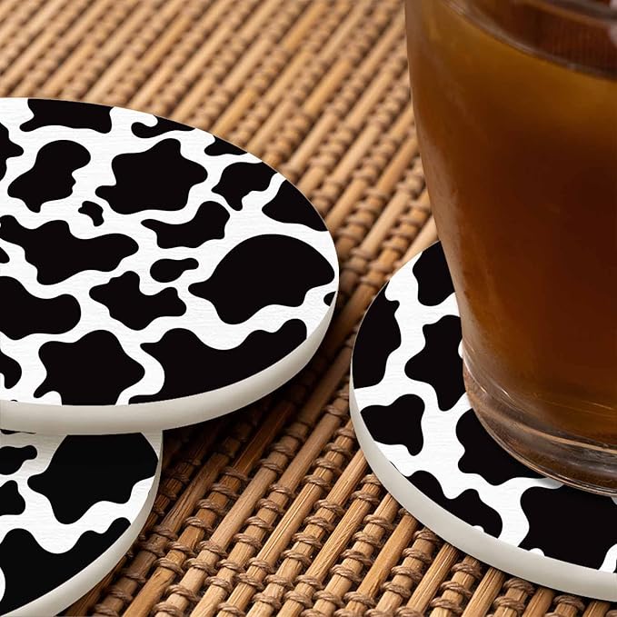 Milch Cow Skin Texture Coasters Set for Wood Table Black White Spot Monochrome Tabletop Protection Mat for Mugs and Cups 4 Inch for Kitchen Office Home