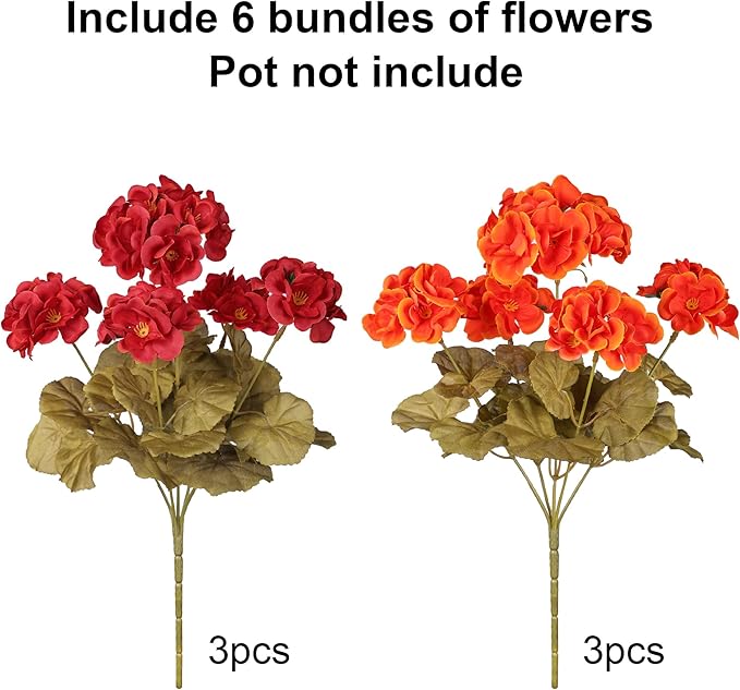 Fake Geraniums Artificial Flowers for Outdoors Fall Autumn Decoration, 6 Bundles Silk Geraniums Look Real Faux Fall Flowers Plants for Front Door Garden Planter Patio Balcony Yard Home Indoor, Mix