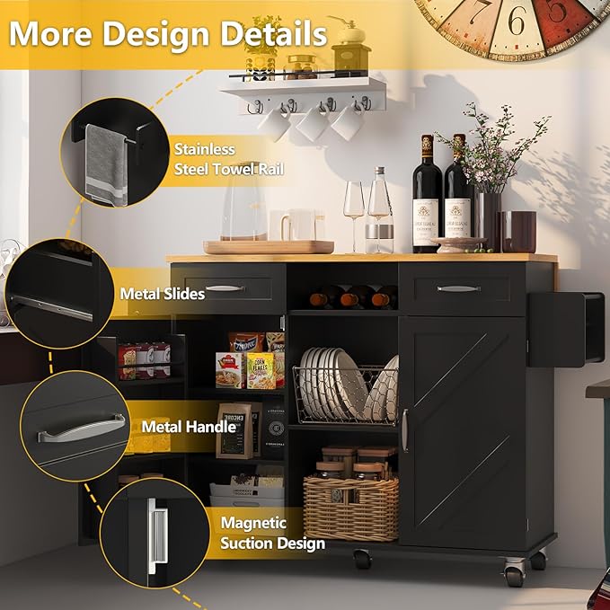 51.5'' Rolling Kitchen Island with Storage Cabinet & Drawers, Drop Leaf Kitchen Cart on Wheels, Farmhouse Portable Mobile Islands, Large Butcher Block Table with Tower/Spice Rack, Black