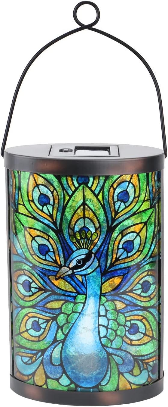 Afirst Solar Lantern Outdoor, Hanging Glass Peacock Solar Lights Waterproof Led Lamp for Garden Yard Tree Desk Decor