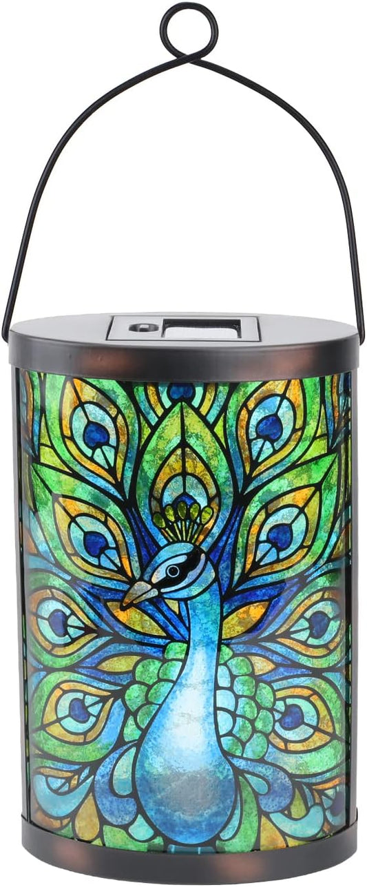 Afirst Solar Lantern Outdoor, Hanging Glass Peacock Solar Lights Waterproof Led Lamp for Garden Yard Tree Desk Decor