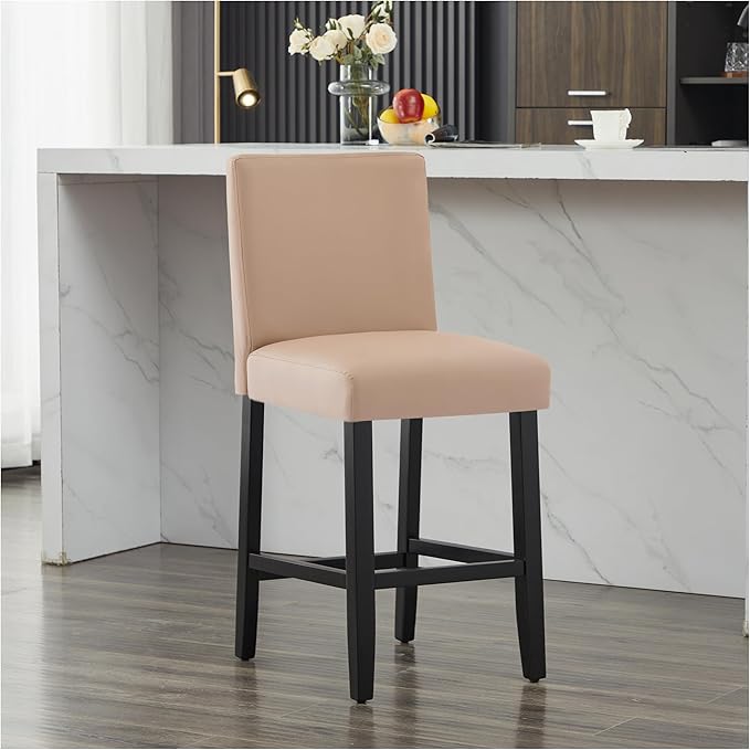 26'' Faux Leather Bar Stools Set of 2, Modern Upholstered Bar Chairs with Back, Soild Wood Legs Barstools for Kitchen Island, Light Brown