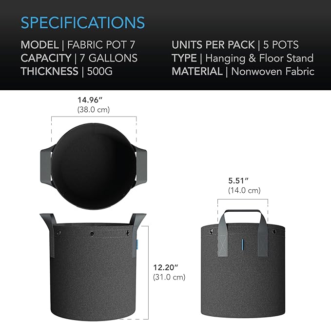 AC Infinity Heavy Duty Fabric Pots, 7 Gallon Aeration Grow Bags 5-Pack with 500G Thick Nonwoven Fabric and Multi-Purpose Rings, for Low Stress Plant Training Fruits, Vegetables, and Flowers