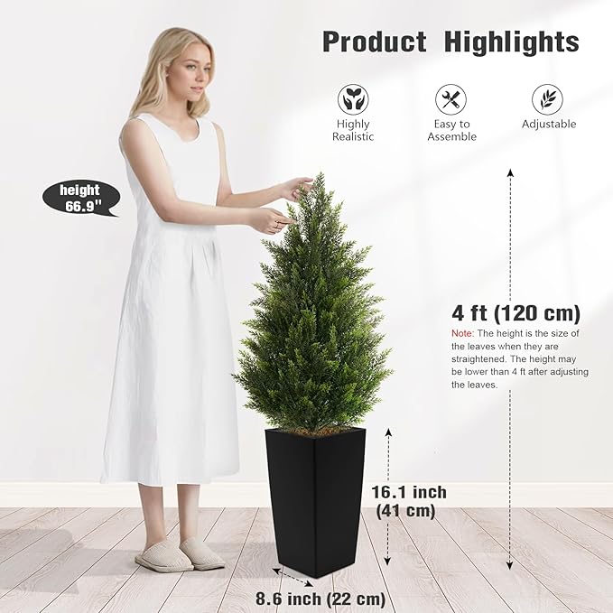 4FT Tall 2 Set Artificial Topiary Cedar Tree, Indoor Realistic Faux Cypress Plants with Square Flowerpot, Outdoor Evergreen Fake Shrubs for Home Living Room Front Porch Decor