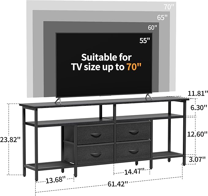 JUSTOGO TV Stand for 55/60/65/70 Inch TV, Modern Entertainment Center with LED Lights and Power Outlets, TV Stand with Drawers and Shelves, Media Console with Storage for Living Room Bedroom, Black