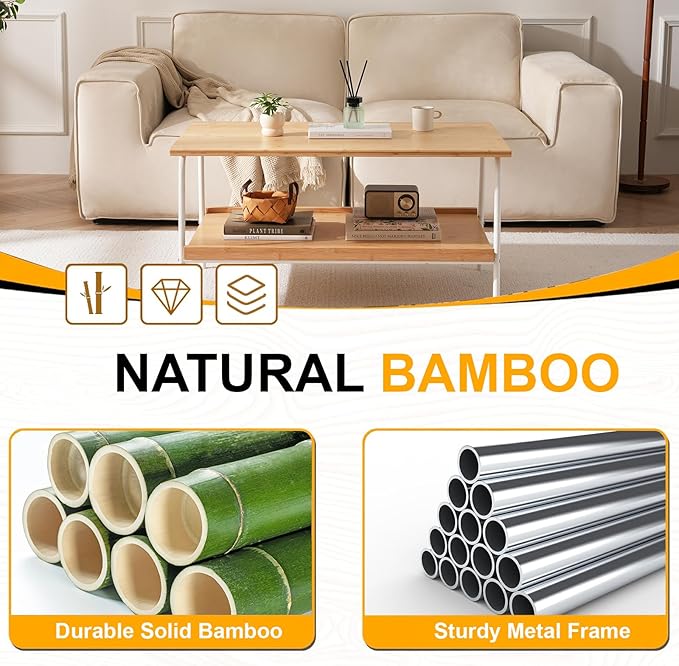 Coffee Table with 2 Tier Storage- Mid Century Modern Center Table, Farmhouse Bamboo Coffee Tables, Small Tea Tables for Living Room, Bedroom, Office, Patio (Natural)