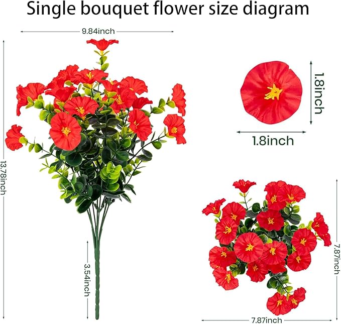 Artificial Outdoor Flowers 16 Bundles Fake Morning Glory Flower Outdoor UV Resistant Plastic Faux Flowers Plants for Decoration Indoor Outdoor Hanging Window Box Planter Home Porch Decor (Red)