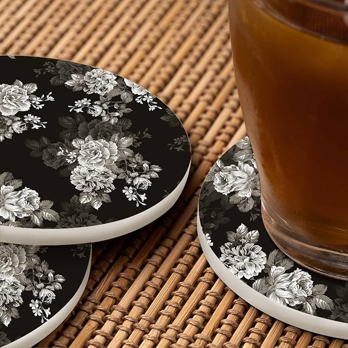 Watercolor Black Flowers Cup Coasters Set of 2 Elegance Botanical Flower Pattern Grey Rose Bouquet Wooden Table Apartment Decor 100% Diatomite for Drinking Glasses,4 Inches