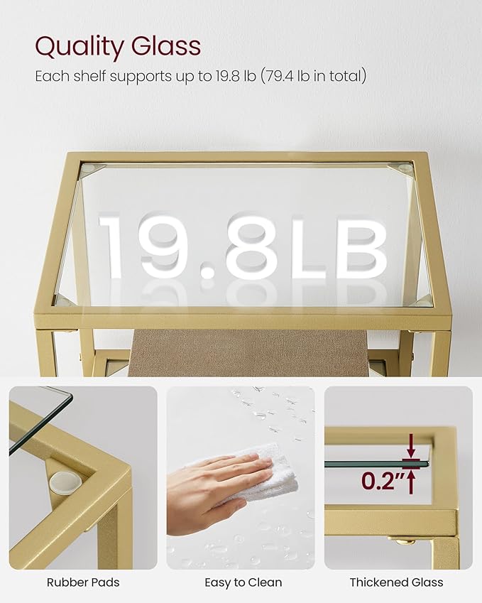 VASAGLE Bookcase, 4-Tier Bookshelf, Slim Shelving Unit for Bedroom, Bathroom, Home Office, Tempered Glass, Steel Frame, Metallic Gold ULGT28G