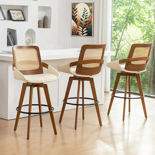 Mid Century Modern Counter Stools - 29.5 inch Swivel Rattan bar stools with Cane Back, Upholstered Faux Leather, Walnut Craftsmanship (Walnut Beige, Set of 3/30 inch)