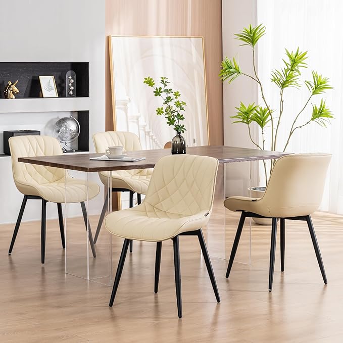 YOUNUOKE Dining Chairs Set of 2 Mid Century Modern Kitchen Chair Comfortable Upholstered Faux Leather Dinner Chairs for Kitchen Dining Room, Beige
