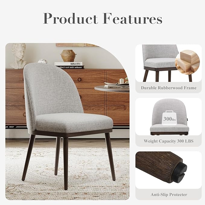 Upholstered Dining Chairs Set of 6, Large Dining Room Kitchen Chairs with High Back and Deep Seat, Modern Fabric Dinner Chairs with Wood Legs, Light Grey