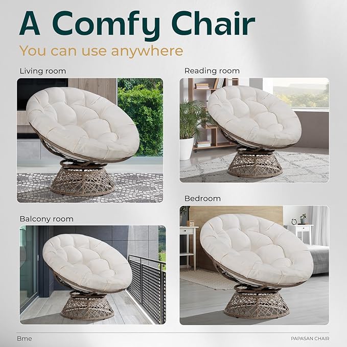 Bme 40" Ergonomic Wicker Papasan Chair with Soft Thick Cushion & Frame, 360° Swivel, Circle, Reading, Comfy Chair for Living Room, Bedroom